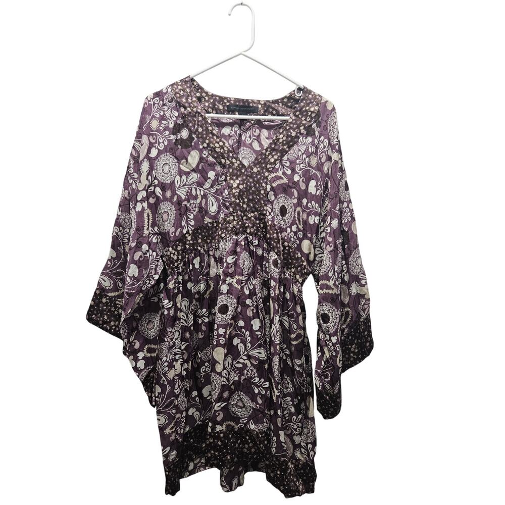 Express 100% Silk Boho Kimono Sleeve Tunic Purple Paisley Y2K Size L